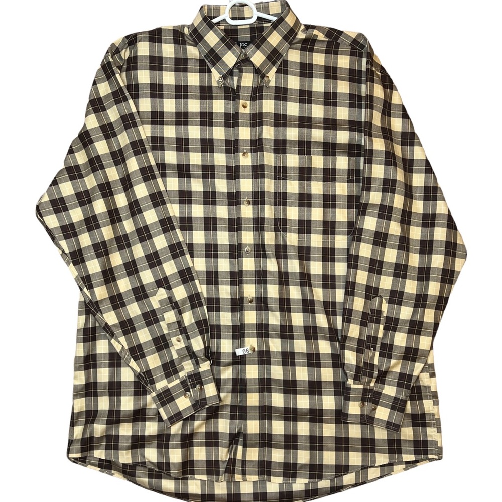 Jos A Bank Traveler Collection Button Down Shirt Sz L Cotton Plaid Brown Beige